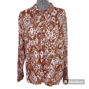 Garnet Hill women’s 14‎ orange & white Batik pattern long sleeve 100% linen top.